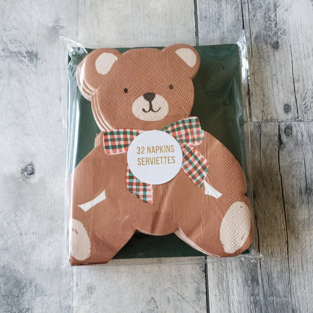 NWT - Meri Meri Bear With Plaid Bow Paper - 16 Plates and 32 Napkins